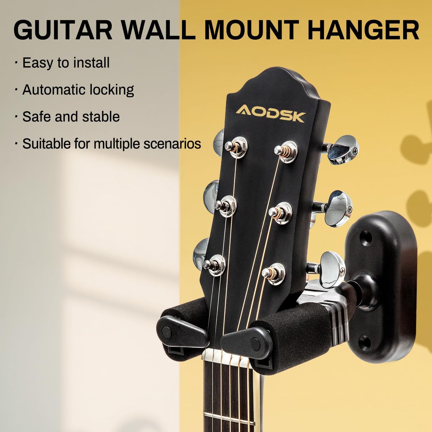 AODSK Guitar Wall Mount 3 Pack, Auto Lock Guitar Wall Hangers ,for Acoustic and Electric Guitar, Ukulele, Bass, Banjo and Mandolin,Guitar Accessories,Black