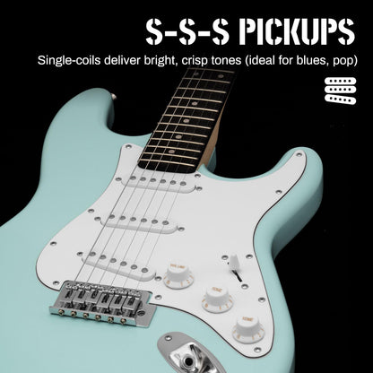 AODSK Electric Guitar for Beginners – 39" Blue SSS | Expressive Single-Coil Electric Guitar Kit with Amp, Gig Bag & Accessories