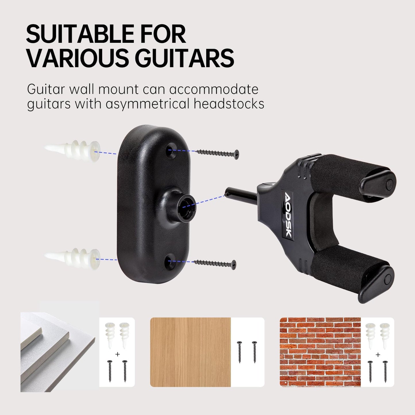 AODSK Guitar Wall Mount 3 Pack, Auto Lock Guitar Wall Hangers ,for Acoustic and Electric Guitar, Ukulele, Bass, Banjo and Mandolin,Guitar Accessories,Black