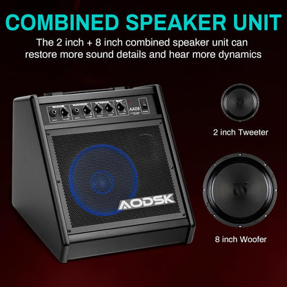 AODSK 30W プロフェッショナル 電子ドラムアンプ | デュアルスピーカー (8インチウーファー + 2インチツイーター) | キーボード/ベース/シンセサイザー対応 | AUX入力 + レコーディング出力 | トレブル/ミッドコントロール (UAA-08)