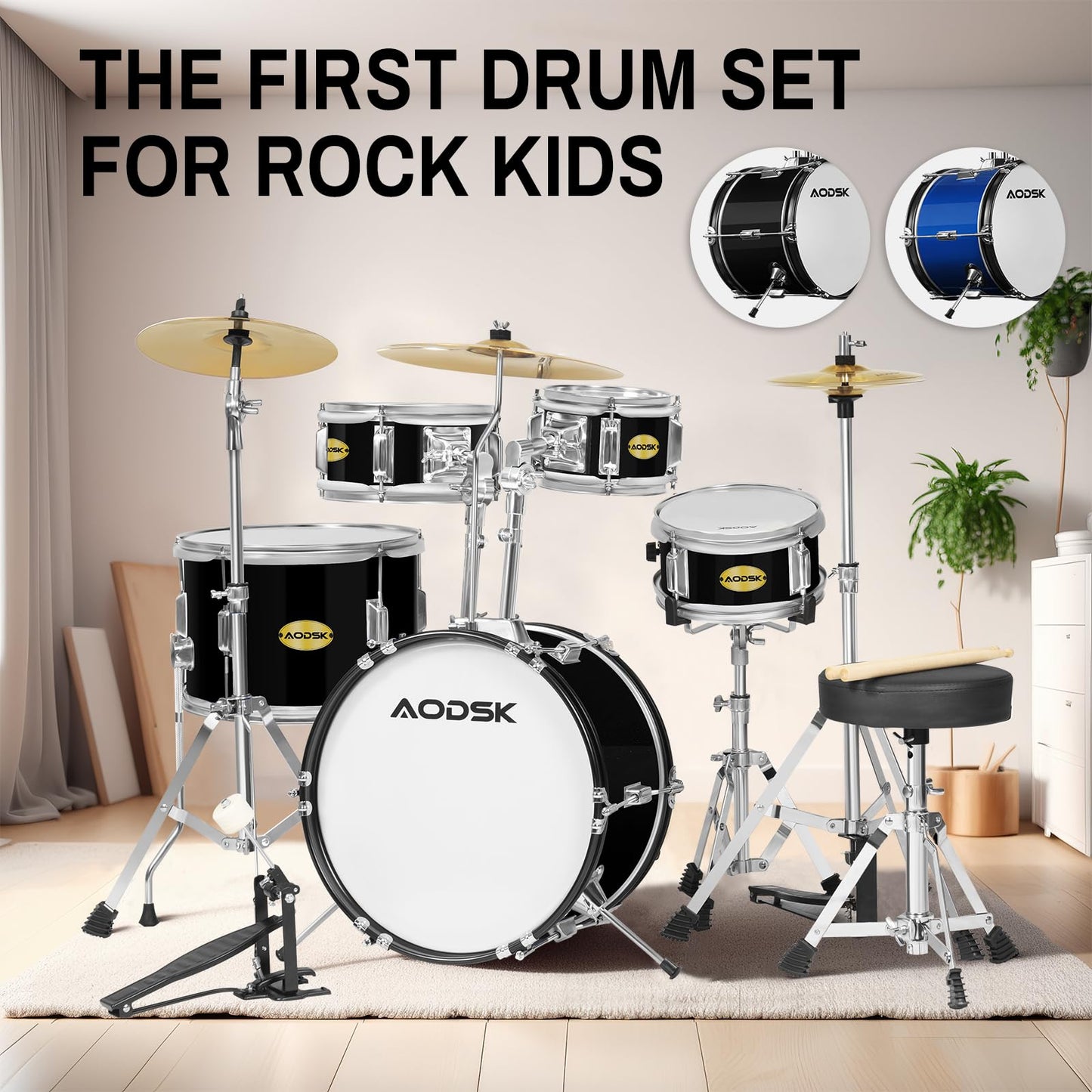 AODSK 5-Piece Beginner Drum Set – 14" Full Size Kit with Throne, Cymbal, Hi-Hat & Pedal