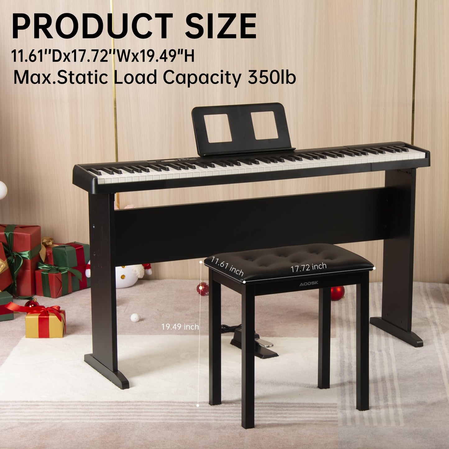 AODSK Piano Bench with Padded Cushion,Iron Leg Material Keyboard Bench,Stronger and More Stable Comfortable PU Leather Piano Chair Seat,17.72''x11.61''x19.49''-Black