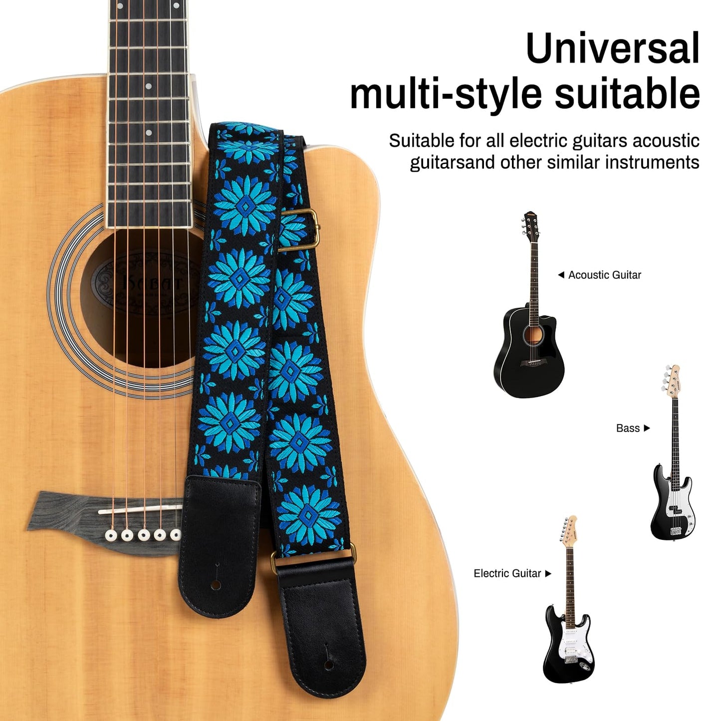 AODSK Guitar Strap Vintage Woven Adjustable,includes 2 Strap Locks, For Bass, Electric & Acoustic Guitars (Blue Bloom)