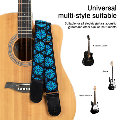 AODSK Guitar Strap Vintage Woven Adjustable,includes 2 Strap Locks, For Bass, Electric & Acoustic Guitars (Blue Bloom)