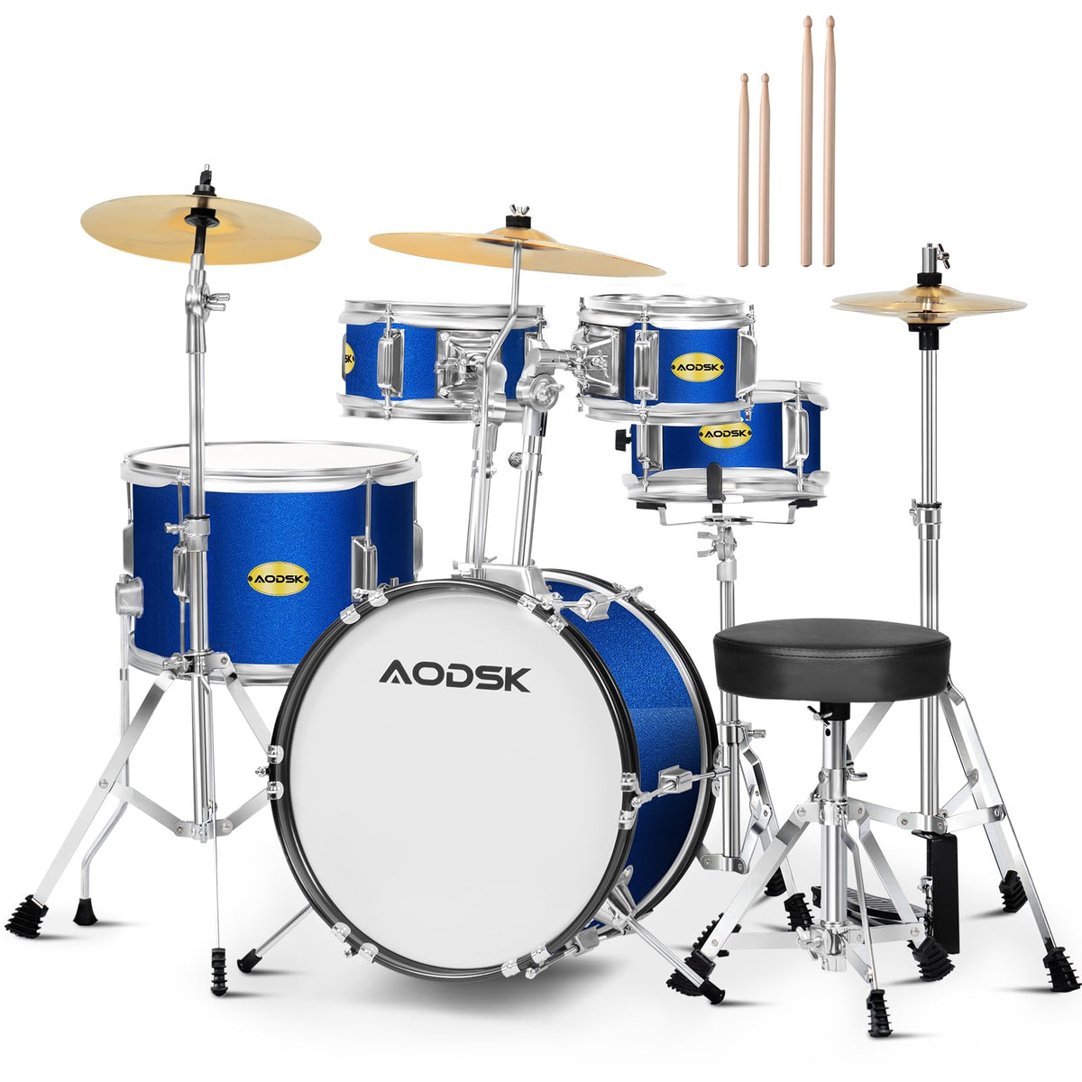 AODSK 5件套初学者架子鼓 – 14英寸全尺寸架子鼓（蓝色），带鼓凳、镲片、踩镲和踏板