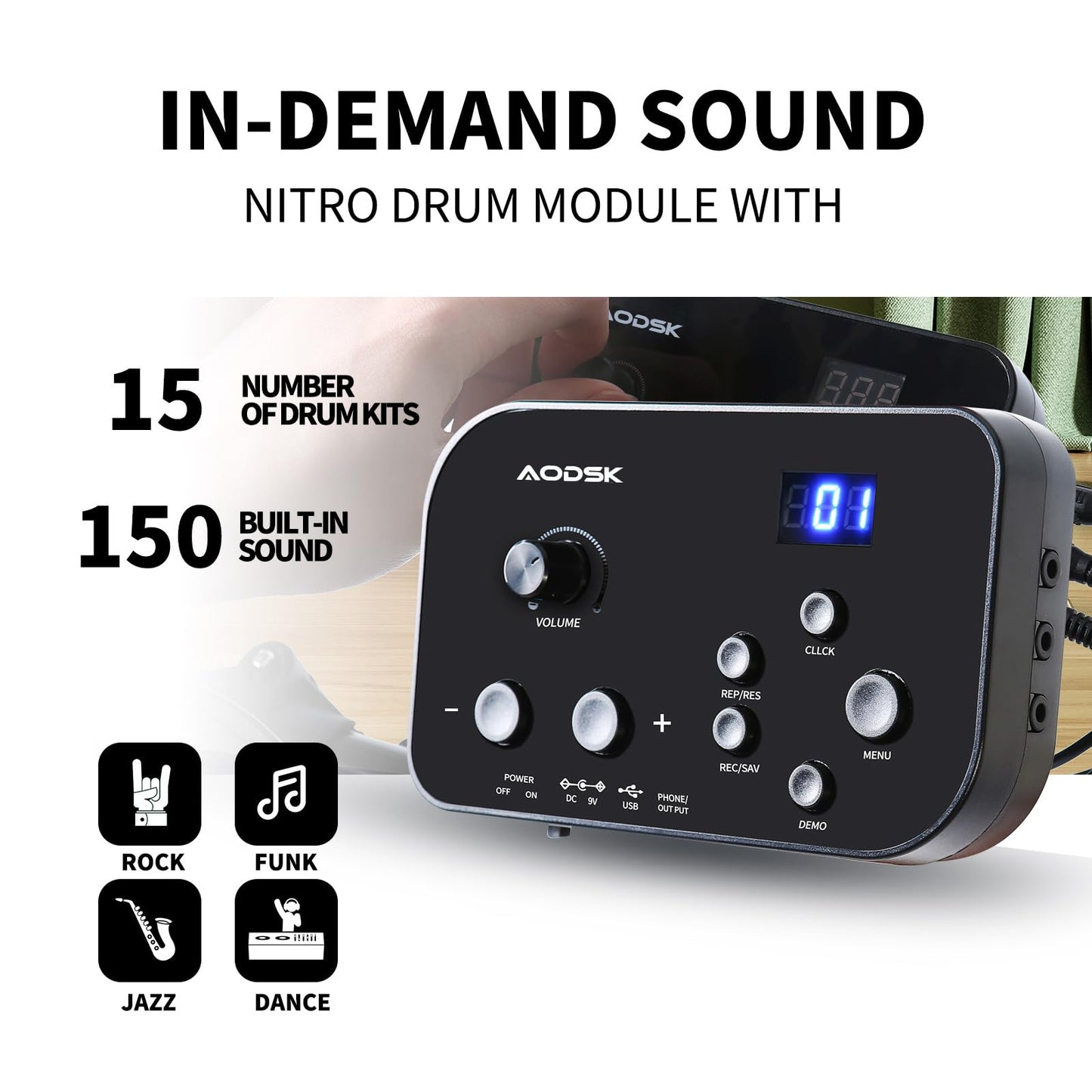 AODSK Electric Drum Set for Beginner with 150 Sounds,4 Quiet Drum Pads,2 Pedal,Throne,Sticks,Electronic Drum with Headphone,AED-400