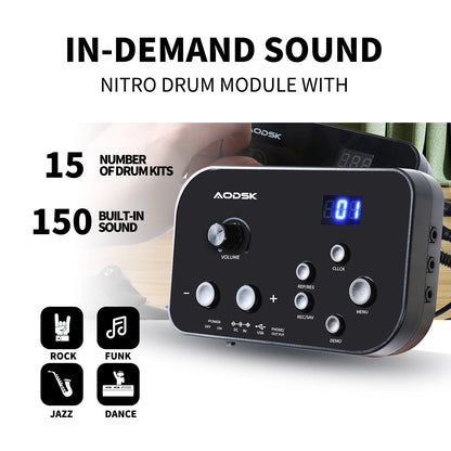 AODSK Electric Drum Set for Beginner with 150 Sounds,4 Quiet Drum Pads,2 Pedal,Throne,Sticks,Electronic Drum with Headphone,AED-400