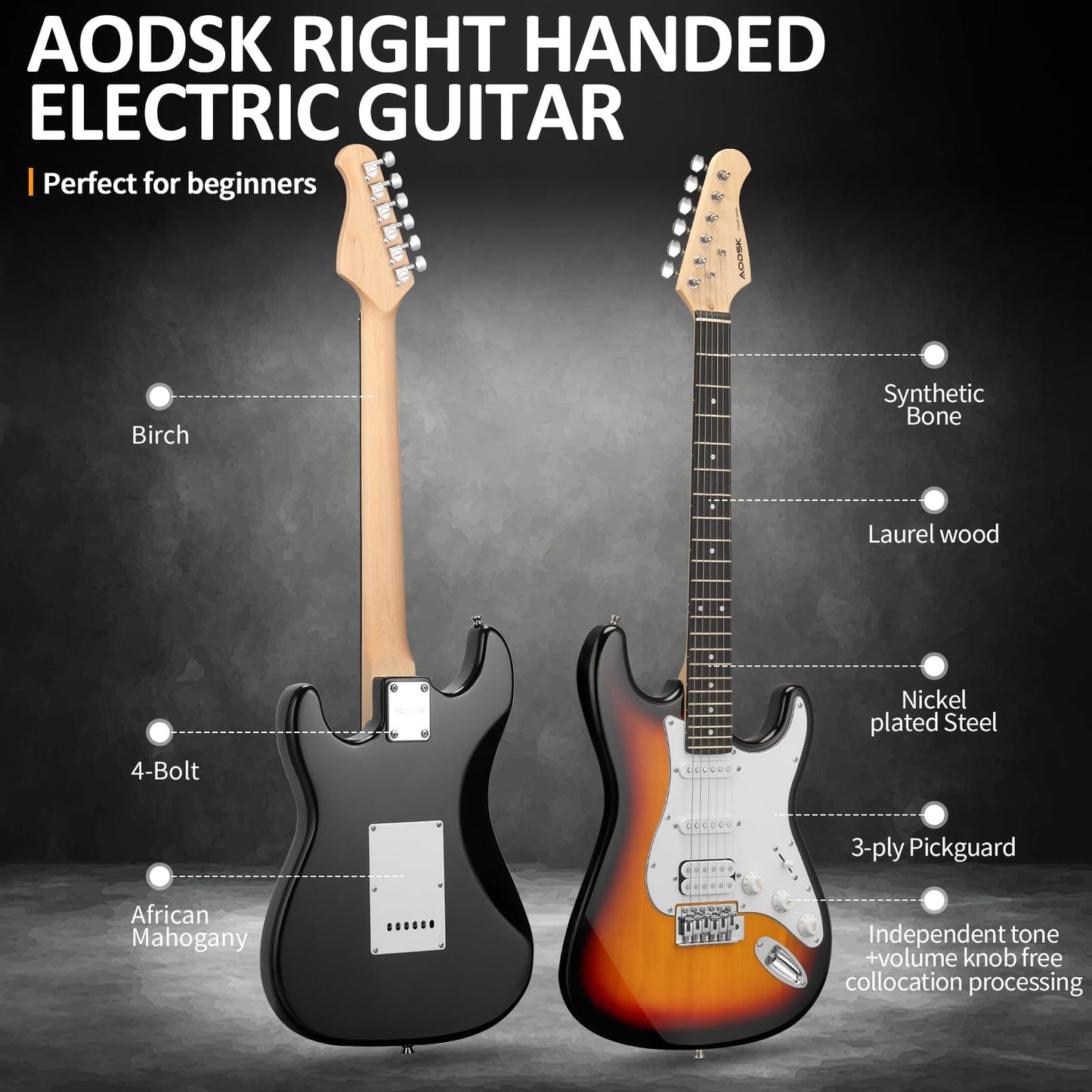 AODSK 39" Electric Guitar Starter Kit – Sunburst HSS | Vintage-Inspired Tone, Full Beginner Set with Bluetooth Amp