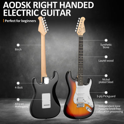 AODSK 39" Electric Guitar Starter Kit – Sunburst HSS | Vintage-Inspired Tone, Full Beginner Set with Bluetooth Amp