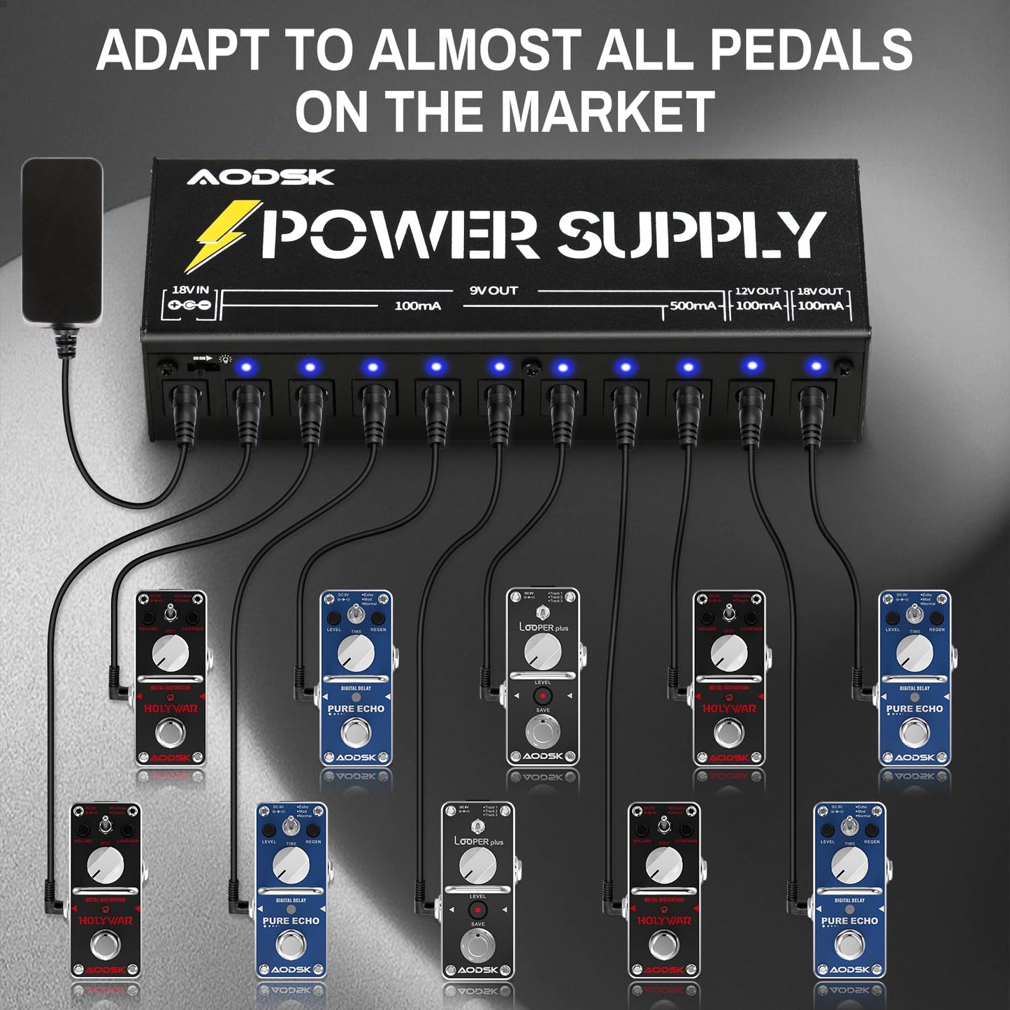 AODSK ギターエフェクトペダルパワーサプライ、9V/12V/18V DC出力、独立DC出力10系統（AH-05）