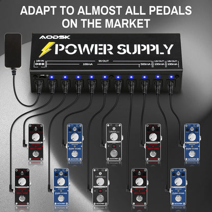 AODSK ギターエフェクトペダルパワーサプライ、9V/12V/18V DC出力、独立DC出力10系統（AH-05）