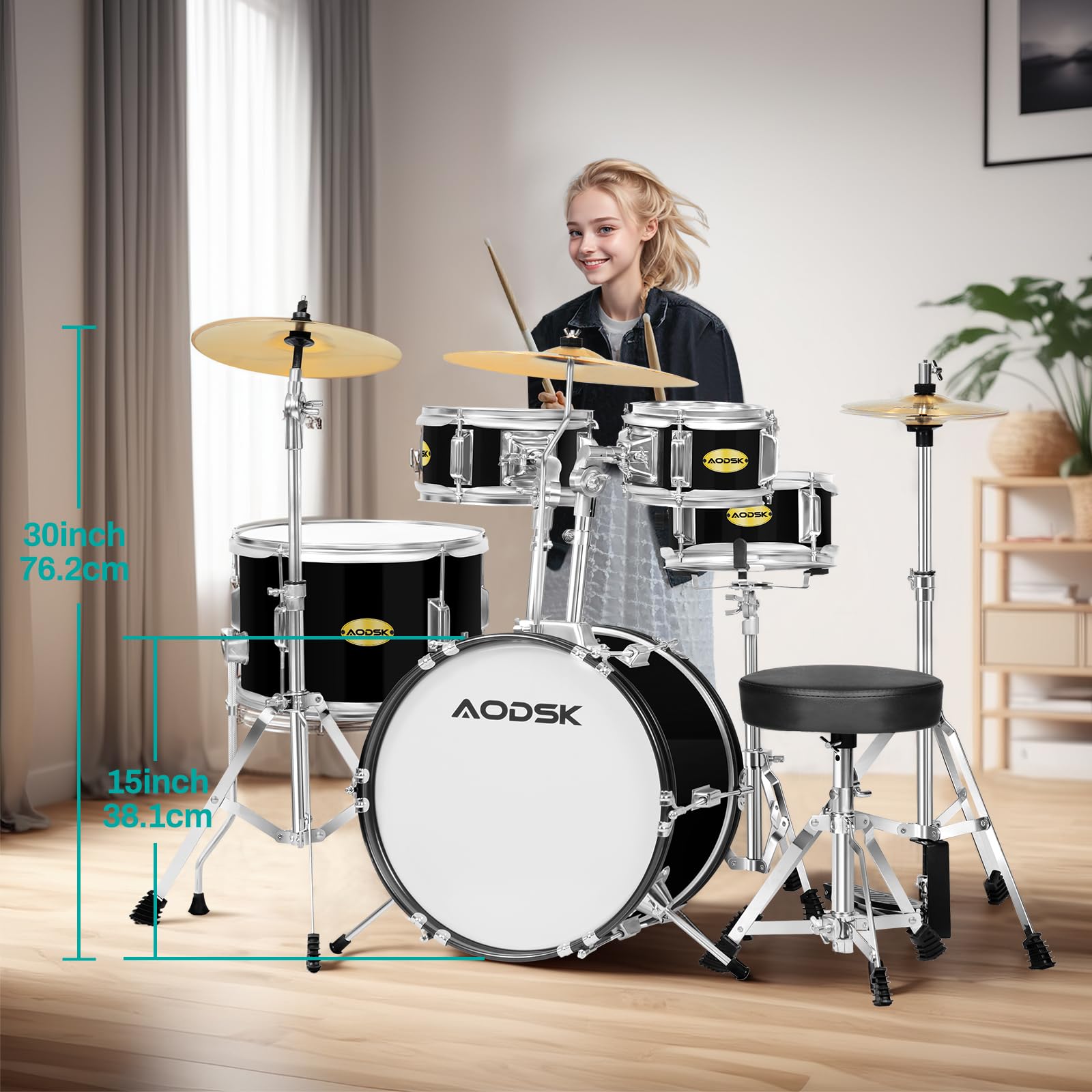 AODSK 5-Piece Beginner Drum Set – Full Size Kit with Throne