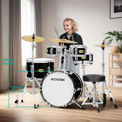 AODSK 5-Piece Beginner Drum Set – 14" Full Size Kit with Throne, Cymbal, Hi-Hat & Pedal