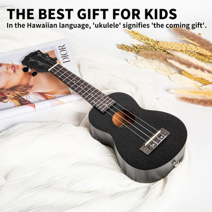 AODSK Soprano Black Ukulele for Beginner 21 Inch Ukelele with Gig Bag Strap Nylon String 4 Picks Holiday Gift