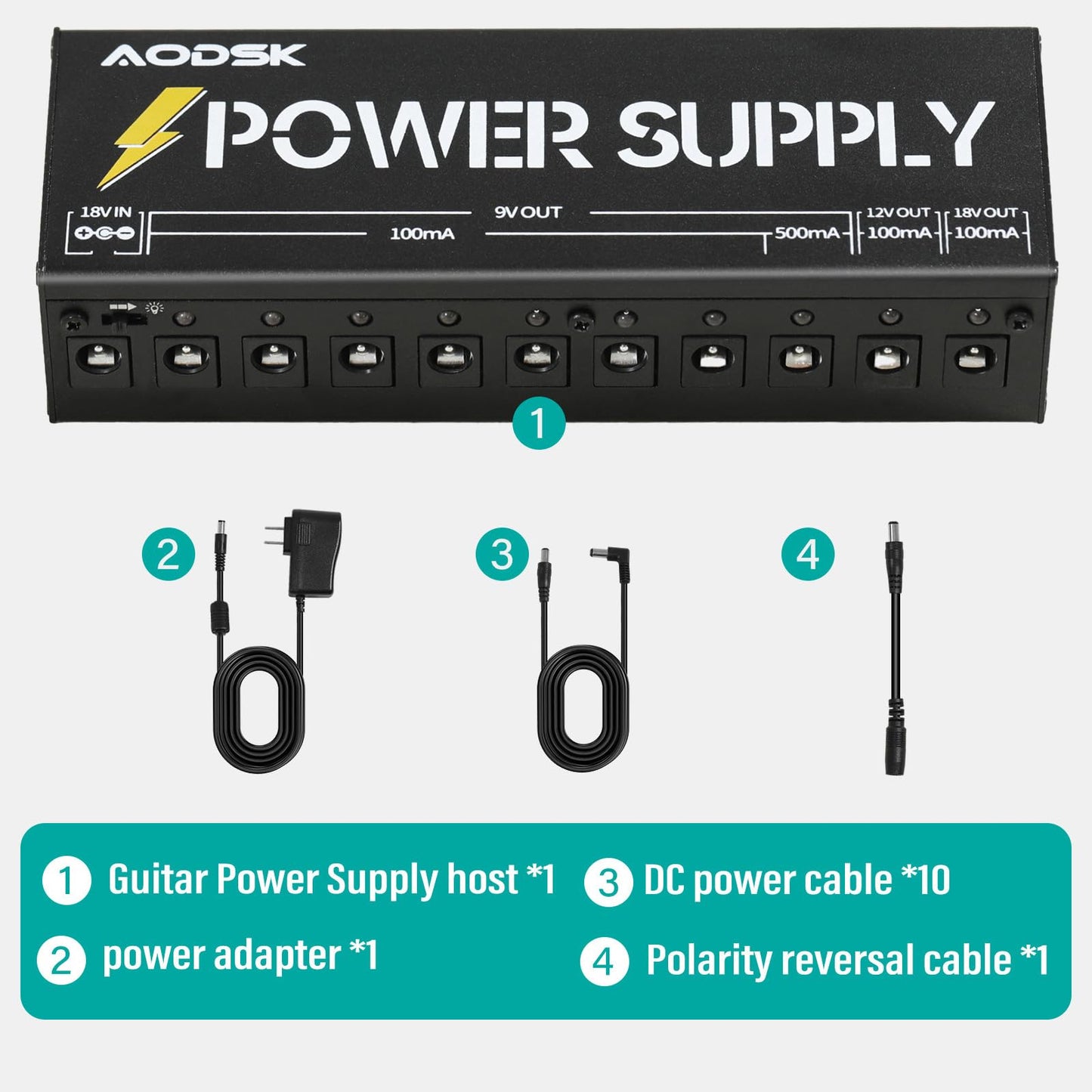 AODSK ギターエフェクトペダルパワーサプライ、9V/12V/18V DC出力、独立DC出力10系統（AH-05）