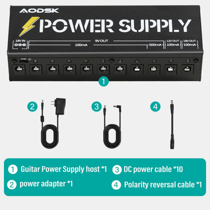 AODSK ギターエフェクトペダルパワーサプライ、9V/12V/18V DC出力、独立DC出力10系統（AH-05）