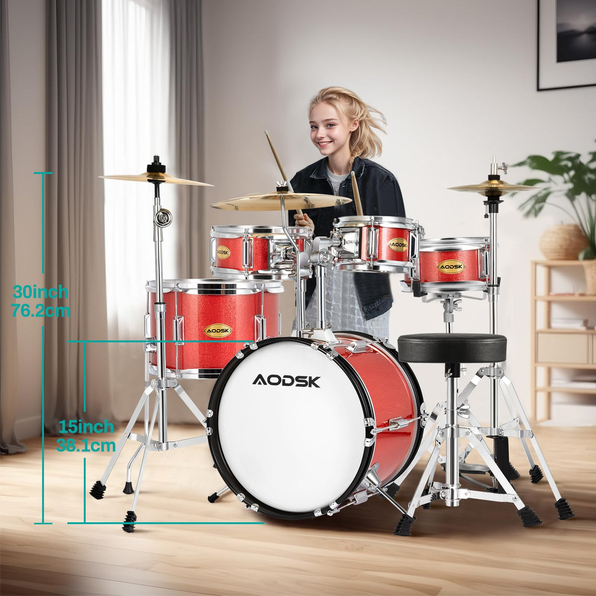 AODSK ドラムセット 5点セット 初心者用 14インチ フルサイズ ドラムキット 高さ調節可能なスローン、シンバル、ハイハット、ペダル、ドラムスティック付属