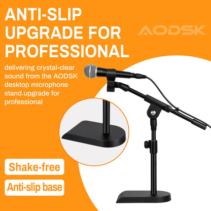 AODSK Desktop Microphone Stand, Height-Adjustable, Includes microphone clip and 5/8-inch male to 3/8-inch female screw connector, Non-Slip Stable Base(AS-DMS2)