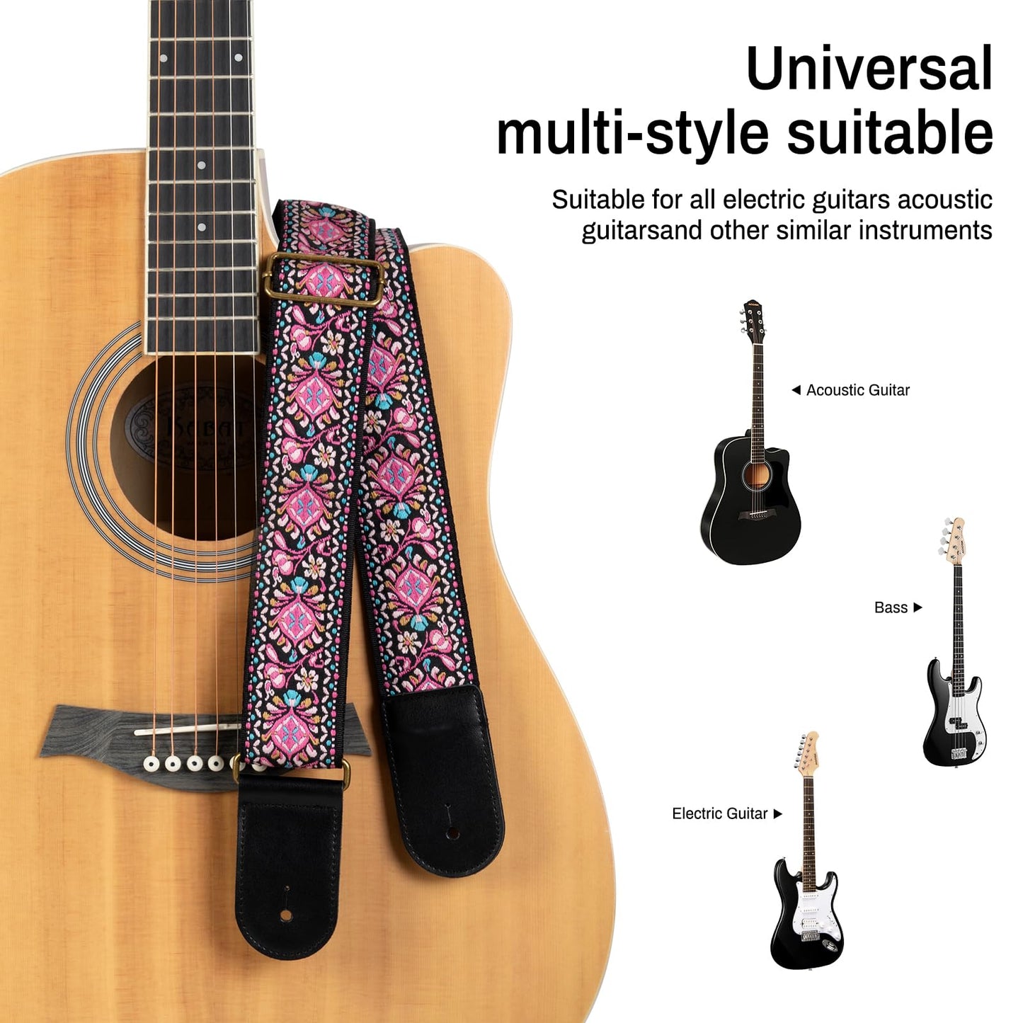 AODSK Guitar Strap Vintage Woven Adjustable,includes 2 Strap Locks, For Bass, Electric & Acoustic Guitars (Pink Paisley)