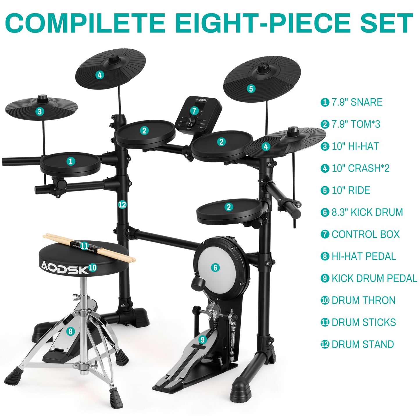 AODSK Electric Drum Set for Beginners with 241 Sounds,4 Quiet Drum Pads,2 Pedal,Throne,Sticks,Electronic Drum with Headphone,AED-400pro