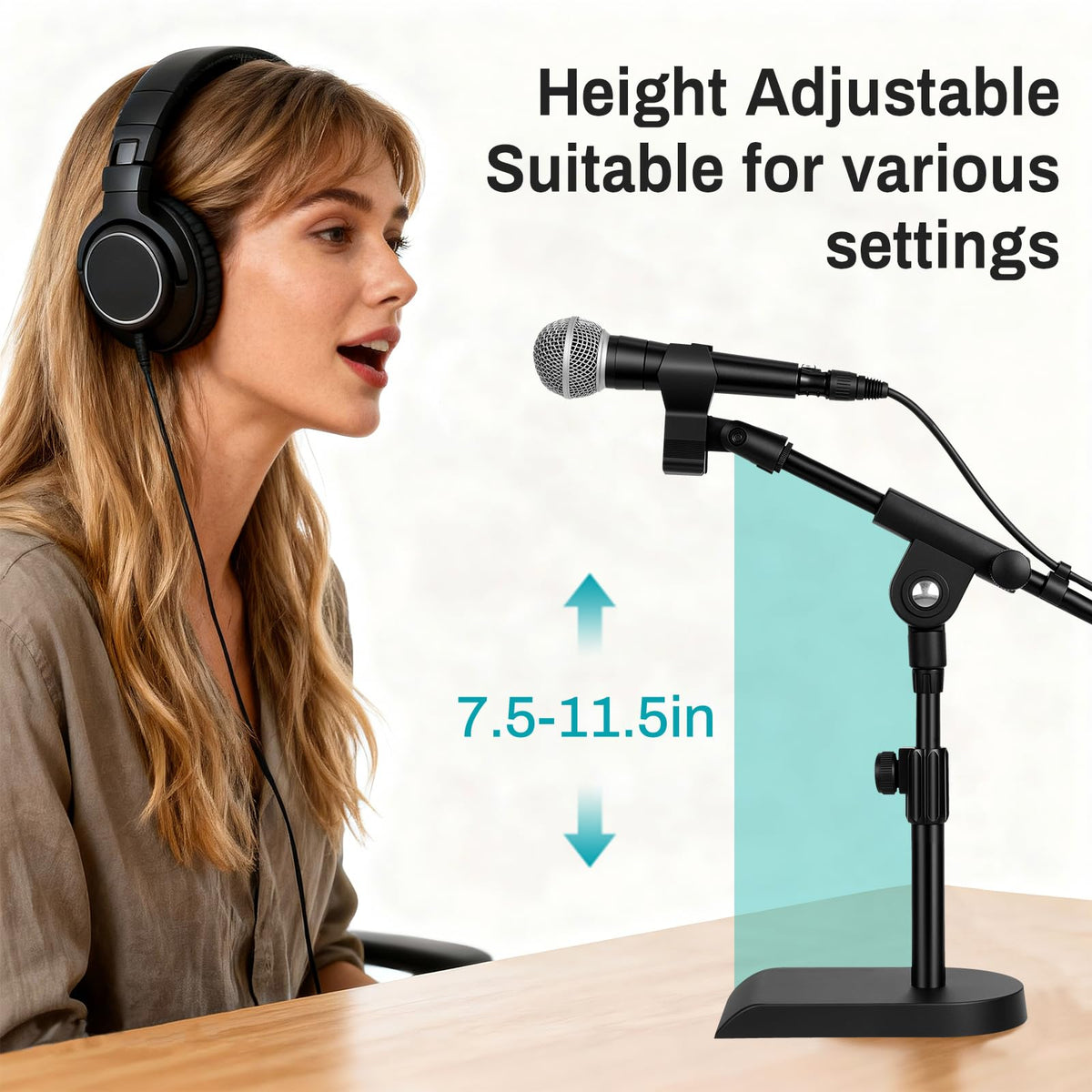 AODSK Desktop Microphone Stand, Height-Adjustable, Includes microphone clip and 5/8-inch male to 3/8-inch female screw connector, Non-Slip Stable Base(AS-DMS2)