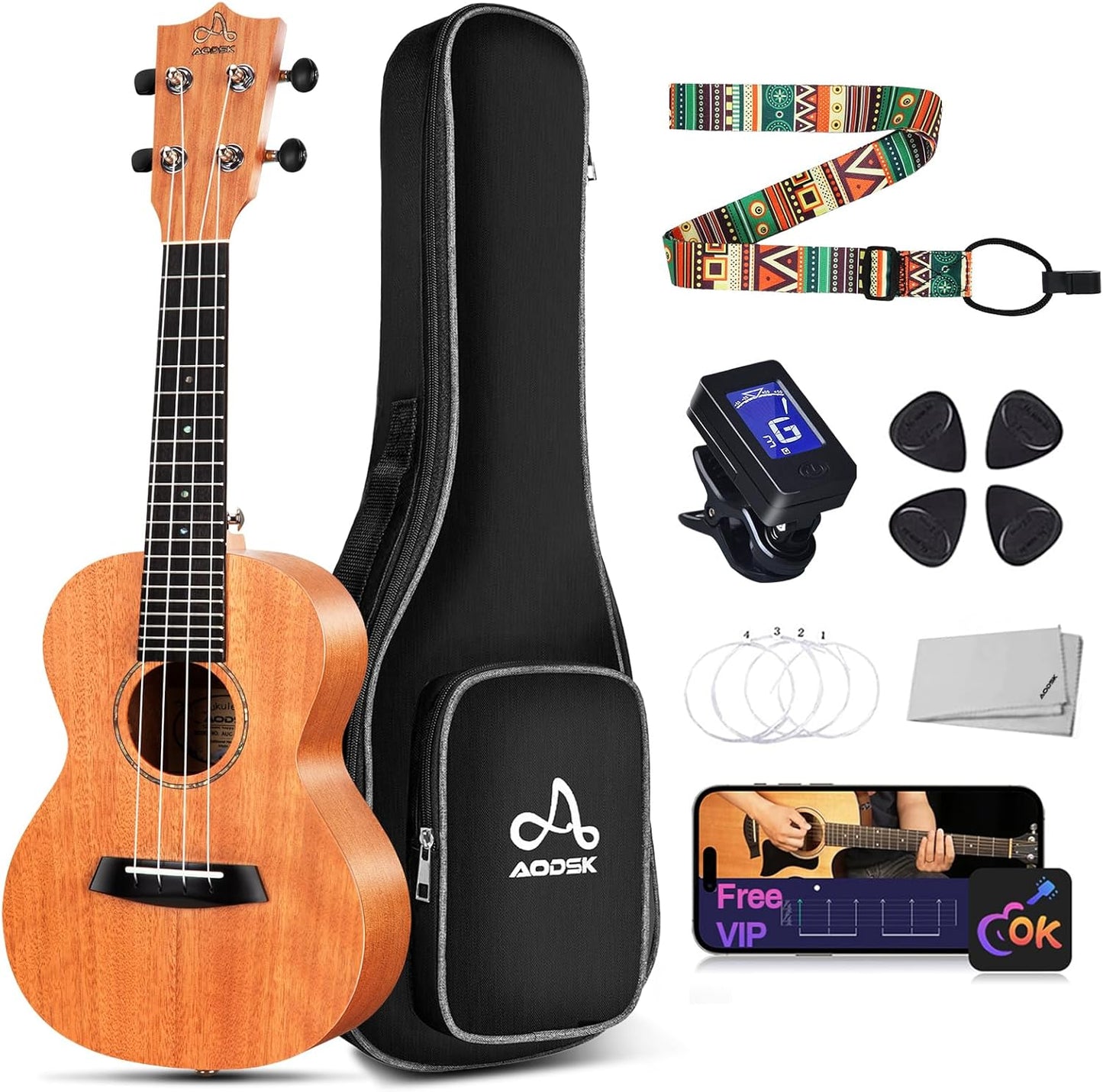 AODSK Concert Ukulele Beginner Solid Mahogany 23 Inch Ukelele Kit with Gig Bag Strap Nylon String Tuner 3 picks Cloth Online Lesson