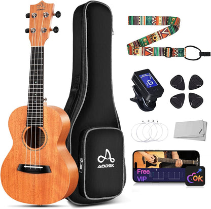 AODSK Concert Ukulele Beginner Solid Mahogany 23 Inch Ukelele Kit with Gig Bag Strap Nylon String Tuner 3 picks Cloth Online Lesson