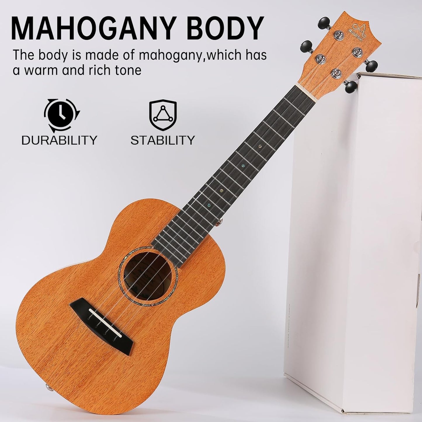 AODSK Concert Ukulele Beginner Solid Mahogany 23 Inch Ukelele Kit with Gig Bag Strap Nylon String Tuner 3 picks Cloth Online Lesson