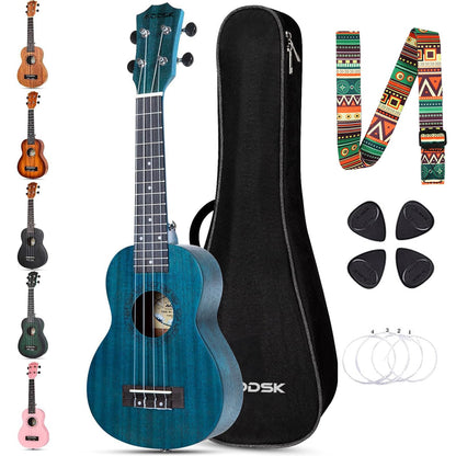 AODSK Concert Blue Ukulele for Beginner 23 Inch Uke with Gig Bag Strap Nylon String 4 Picks Holiday Gift
