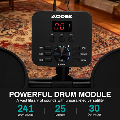 AODSK Electric Drum Set for Beginners with 241 Sounds,4 Quiet Drum Pads,2 Pedal,Throne,Sticks,Electronic Drum with Headphone,AED-400pro