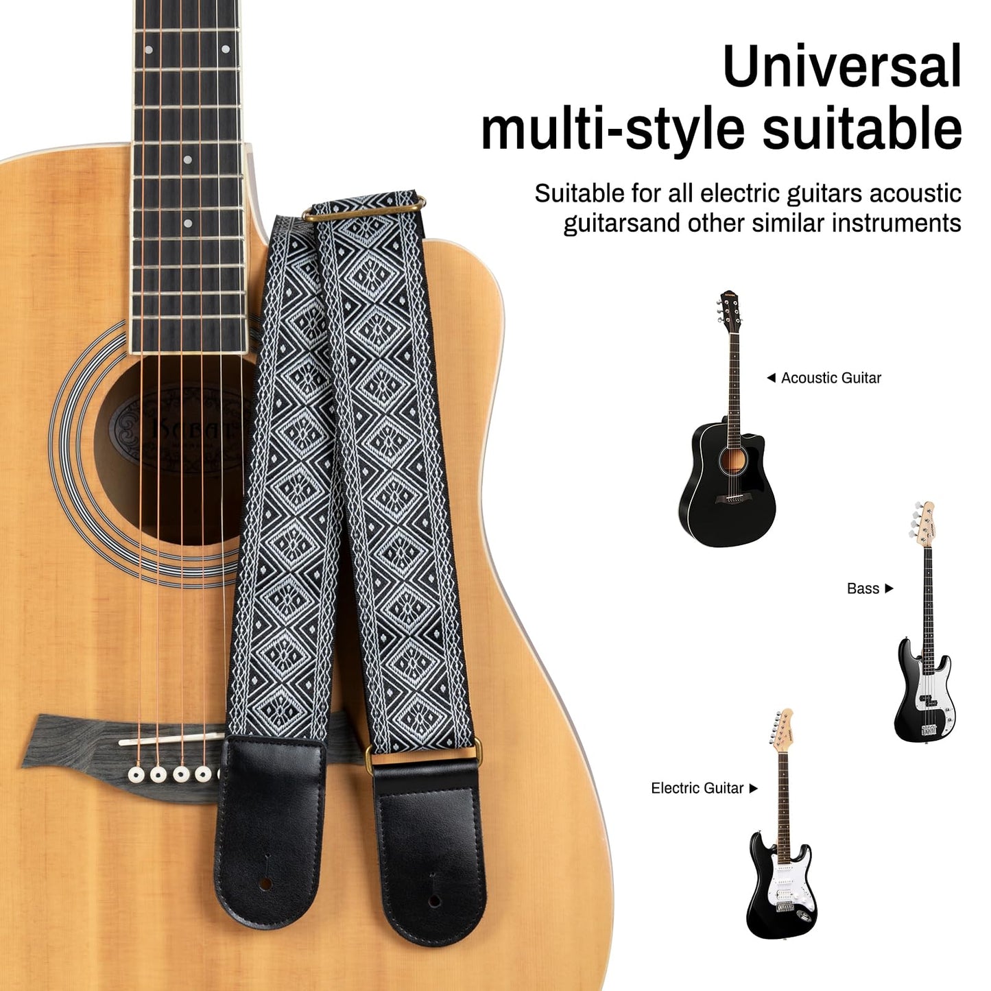 AODSK Guitar Strap Vintage Woven Adjustable,includes 2 Strap Locks, For Bass, Electric & Acoustic Guitars (White Rhombus)