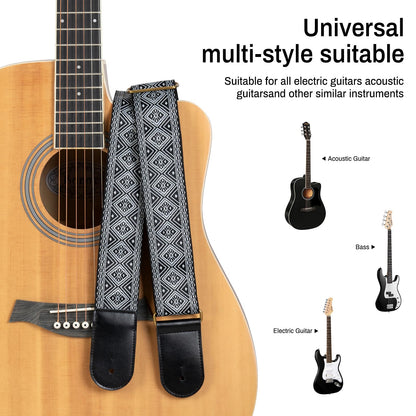 AODSK Guitar Strap Vintage Woven Adjustable,includes 2 Strap Locks, For Bass, Electric & Acoustic Guitars (White Rhombus)