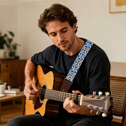AODSK Guitar Strap Vintage Woven Adjustable,includes 2 Strap Locks, For Bass, Electric & Acoustic Guitars (Blue Vine)