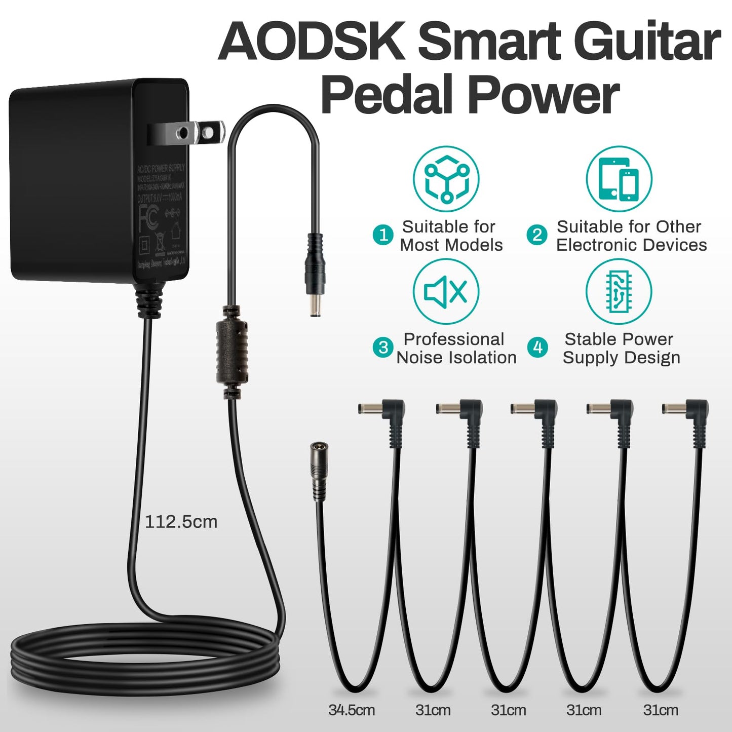 AODSK DC 9V Guitar Pedal Power Supply Adapter, 1A Negative 5 Way Daisy Chain Cables, Used for Guitar Effect Pedals
