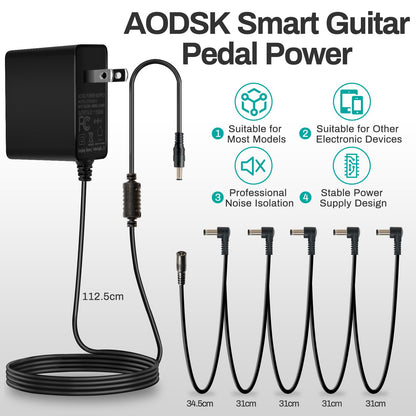 AODSK DC 9V Guitar Pedal Power Supply Adapter, 1A Negative 5 Way Daisy Chain Cables, Used for Guitar Effect Pedals