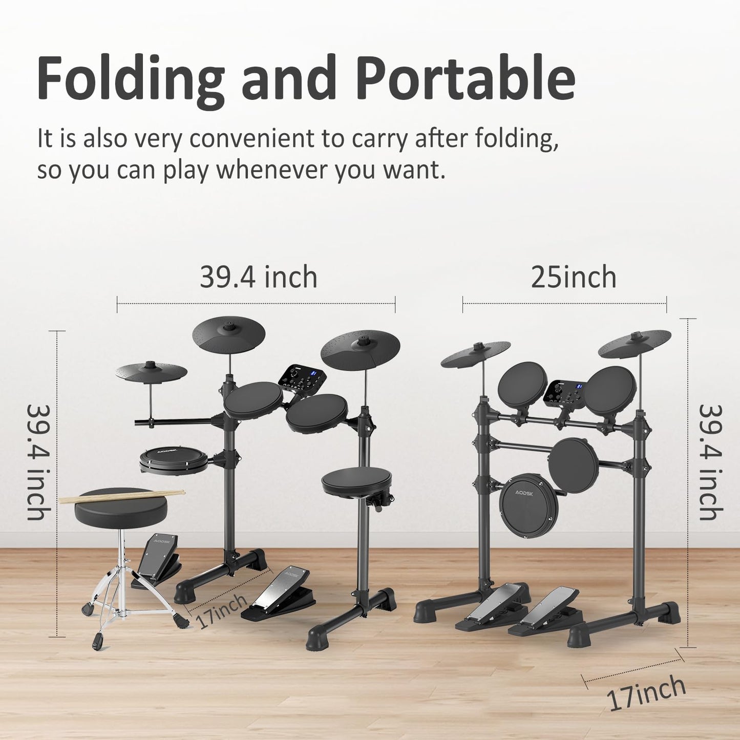 AODSK Electric Drum Set for Beginner with 150 Sounds,4 Quiet Drum Pads,2 Pedal,Throne,Sticks,Electronic Drum with Headphone,AED-400