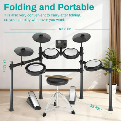AODSK Electric Drum Set with Quiet Mesh Pads,Electronic Drum for Beginner,USB MIDI,Throne,Headphones,Sticks, Included 15 Kits and 195 Sounds (AED-403-Teenagers Beginners)