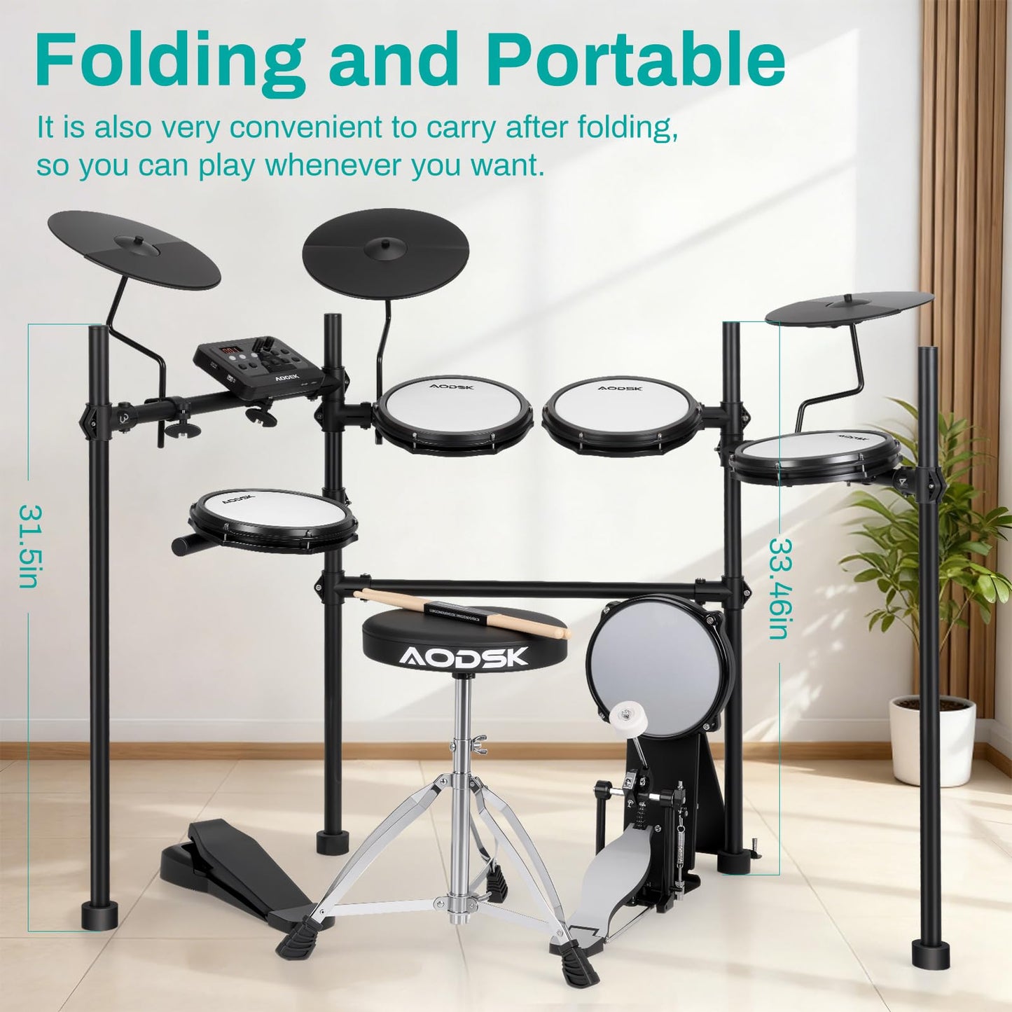 AODSK Electric Drum Set with Quiet Mesh Pads,Electronic Drum for Beginner,USB MIDI,Throne,Headphones,Sticks, Included 40 Kits and 450 Sounds