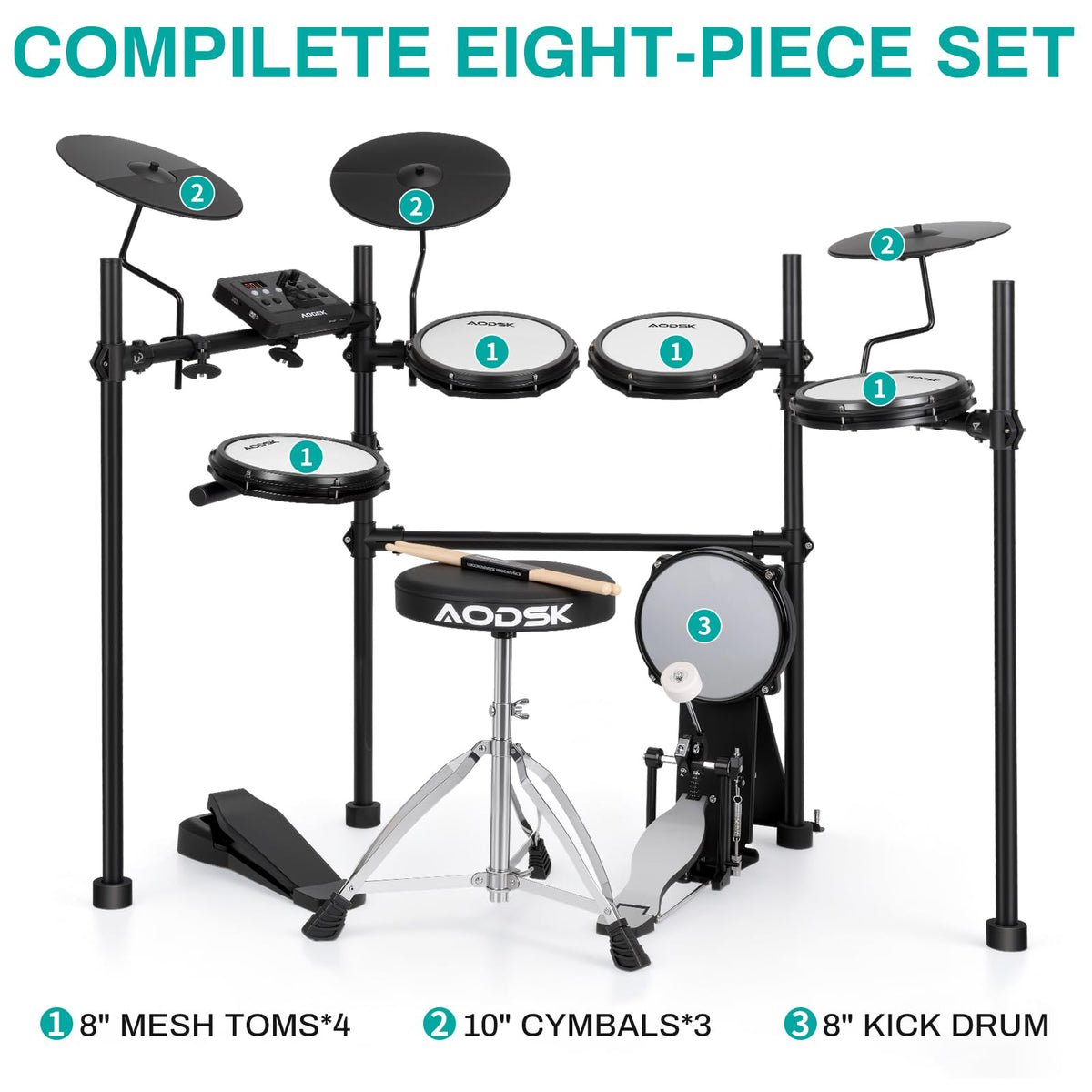 AODSK UAED-403plus Electronic Drum Set – Pro-Level E-Drum Kit | 450 Sounds, 40 Kits, 8" Mesh Snare, Cymbal Choke | MIDI In/Out, Throne, Headphones & Sticks Included