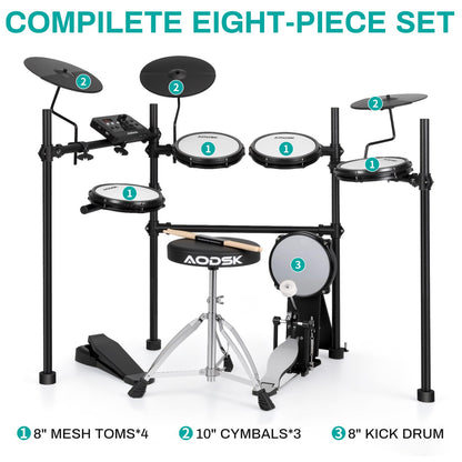 AODSK Electric Drum Set with Quiet Mesh Pads,Electronic Drum for Beginner,USB MIDI,Throne,Headphones,Sticks, Included 40 Kits and 450 Sounds