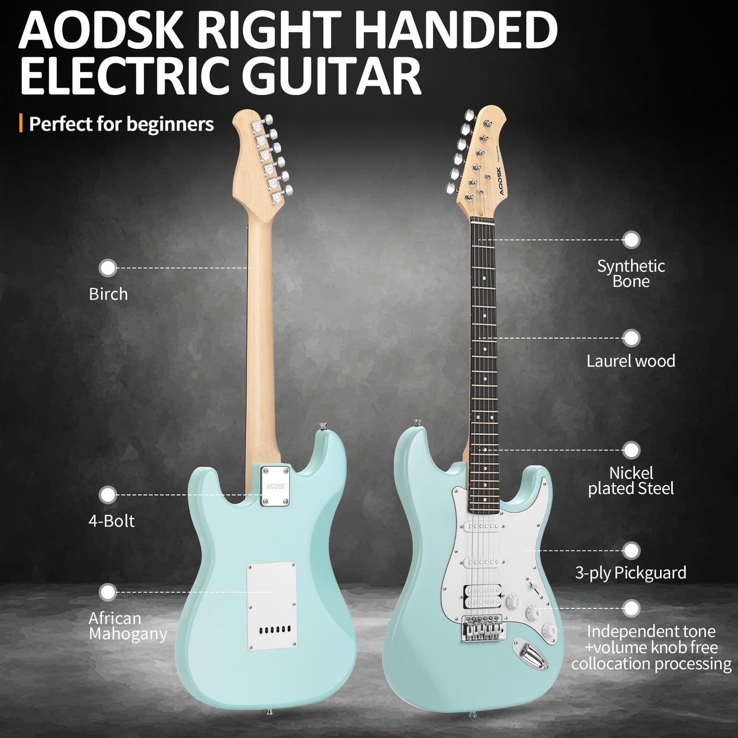 AODSK 39" Electric Guitar Starter Kit – Ocean Blue HSS | Style-Forward Beginner Set with Bluetooth Amp