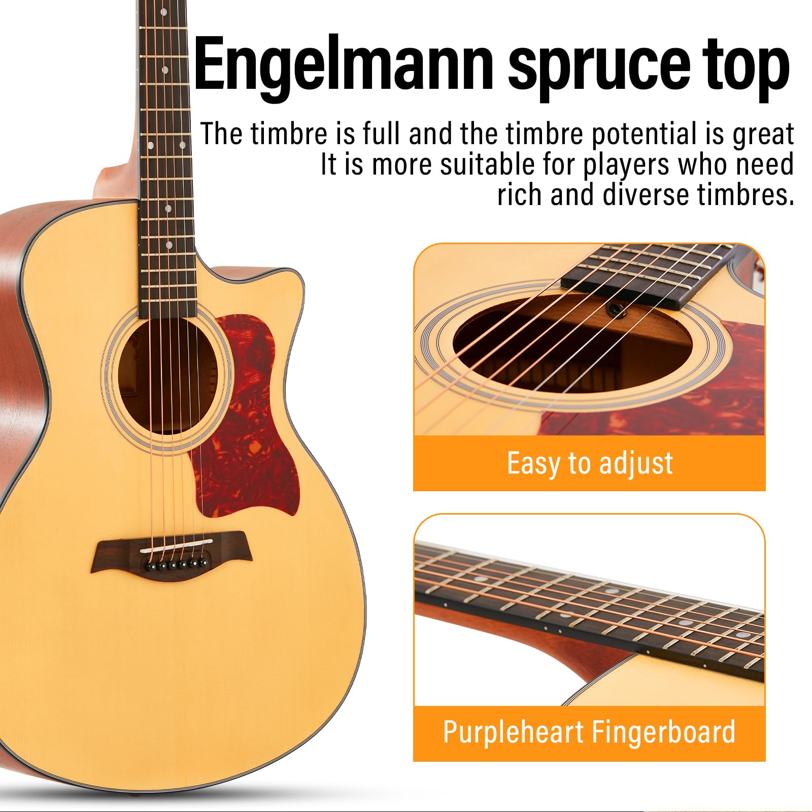 AODSK Acoustic Guitar Beginner 41 Inch Full Size Cutaway Spruce Top Gu