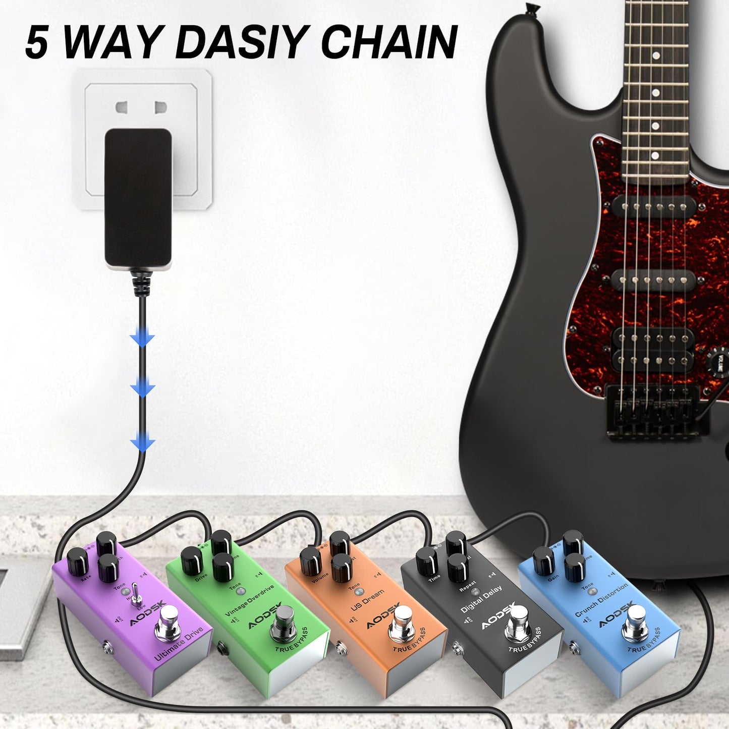 AODSK DC 9V Guitar Pedal Power Supply Adapter, 1A Negative 5 Way Daisy Chain Cables, Used for Guitar Effect Pedals