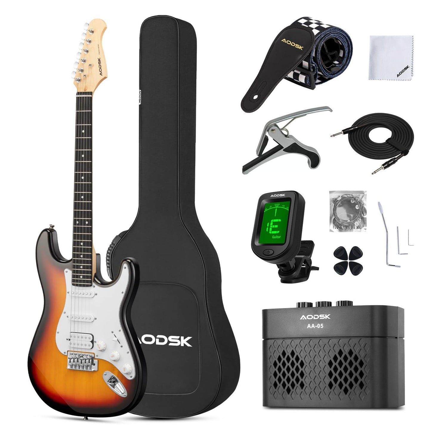 AODSK 39" Electric Guitar Starter Kit – Sunburst HSS | Vintage-Inspired Tone, Full Beginner Set with Bluetooth Amp