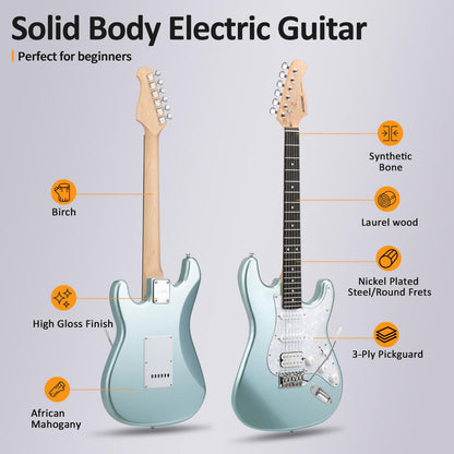 AODSK Electric Guitar, 39" Beginner Electric Guitar Kit, Matte Finish, HSS Pickups, Guitar Starter Kit with AMP, Includes Digital Tuner, Strings, Pick, Vibrato Bar, Capo, Strap, Gig Bag, Blue