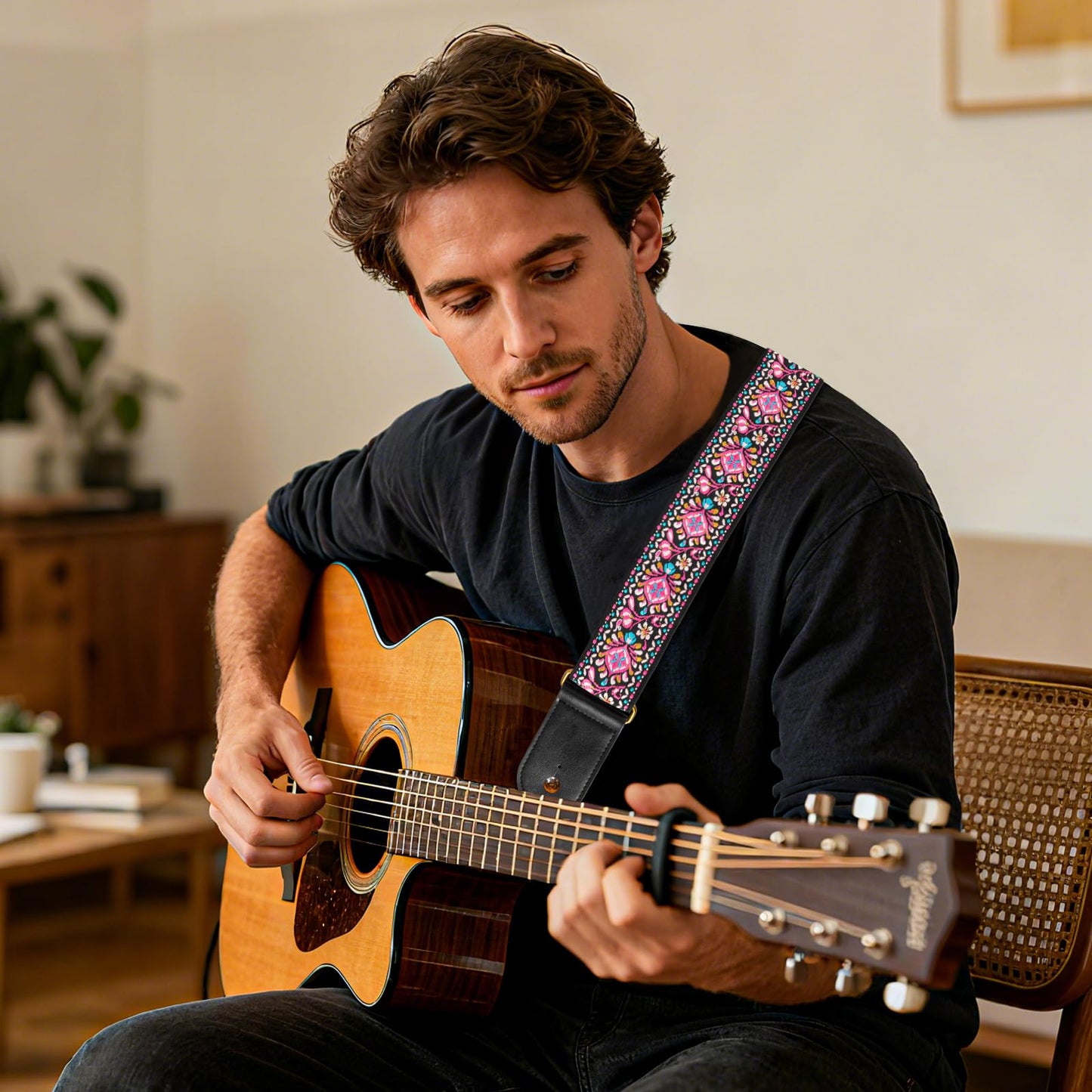 AODSK Guitar Strap Vintage Woven Adjustable,includes 2 Strap Locks, For Bass, Electric & Acoustic Guitars (Pink Paisley)