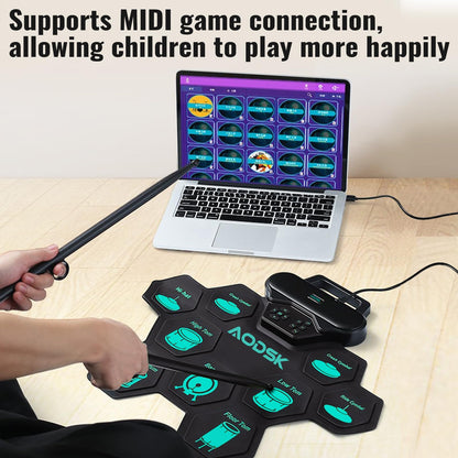 AODSK Electronic Drum Set,9 Practice Pad with Headphone Jack,Roll-up Machine Built-in Speaker Drum Pedals Drum Sticks,Great Holiday Christmas Birthday Gift