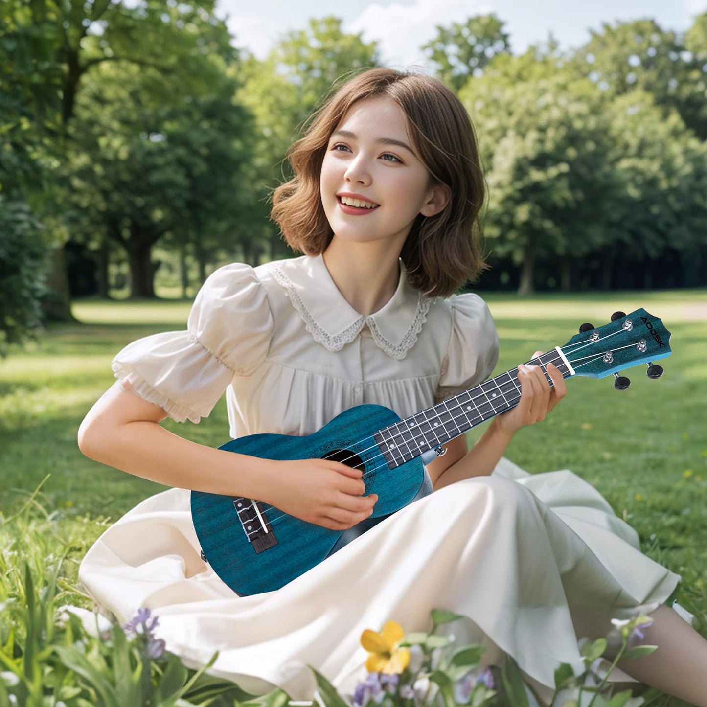 AODSK Soprano Blue Ukulele for Beginner 21 Inch Ukelele with Gig Bag Strap Nylon String 4 Picks Holiday Gift