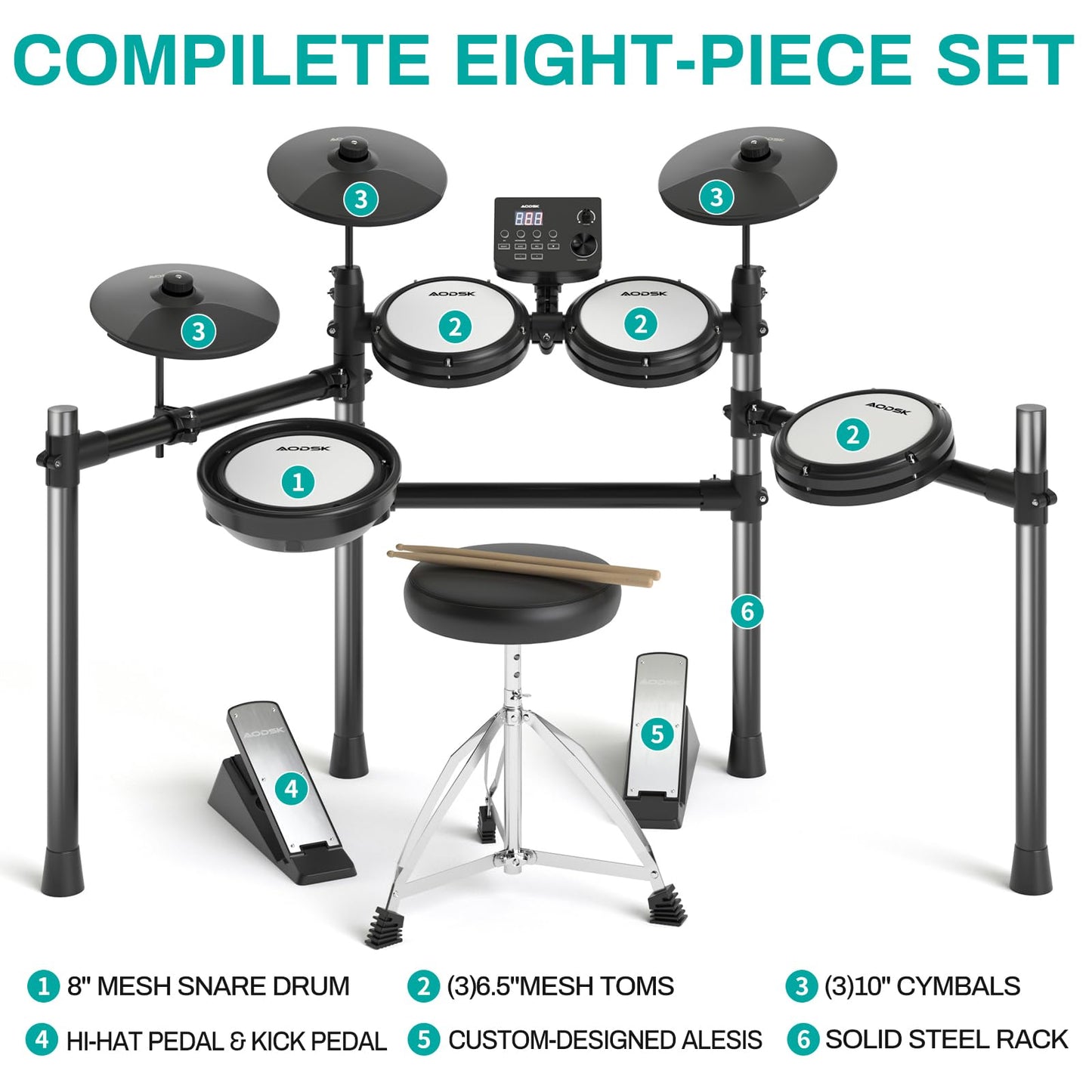 AODSK Electric Drum Set with Quiet Mesh Pads,Electronic Drum for Beginner,USB MIDI,Throne,Headphones,Sticks, Included 15 Kits and 195 Sounds (AED-403-Teenagers Beginners)