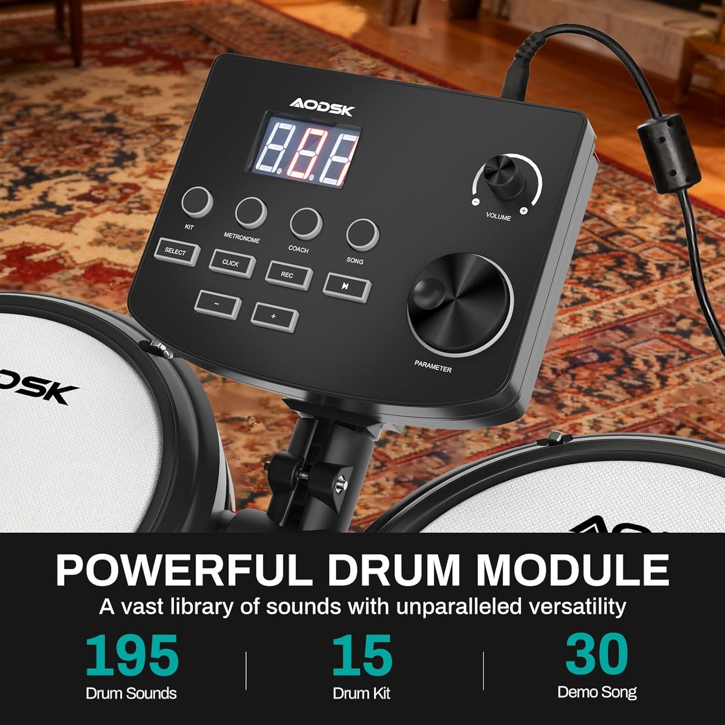 AODSK Electric Drum Set with Quiet Mesh Pads,Electronic Drum for Beginner,USB MIDI,Throne,Headphones,Sticks, Included 15 Kits and 195 Sounds (AED-403-Teenagers Beginners)